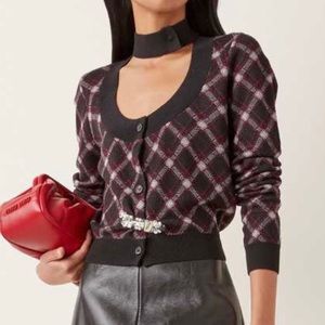 Miu Miu Embellished Cutout Plaid Cropped Cardigan